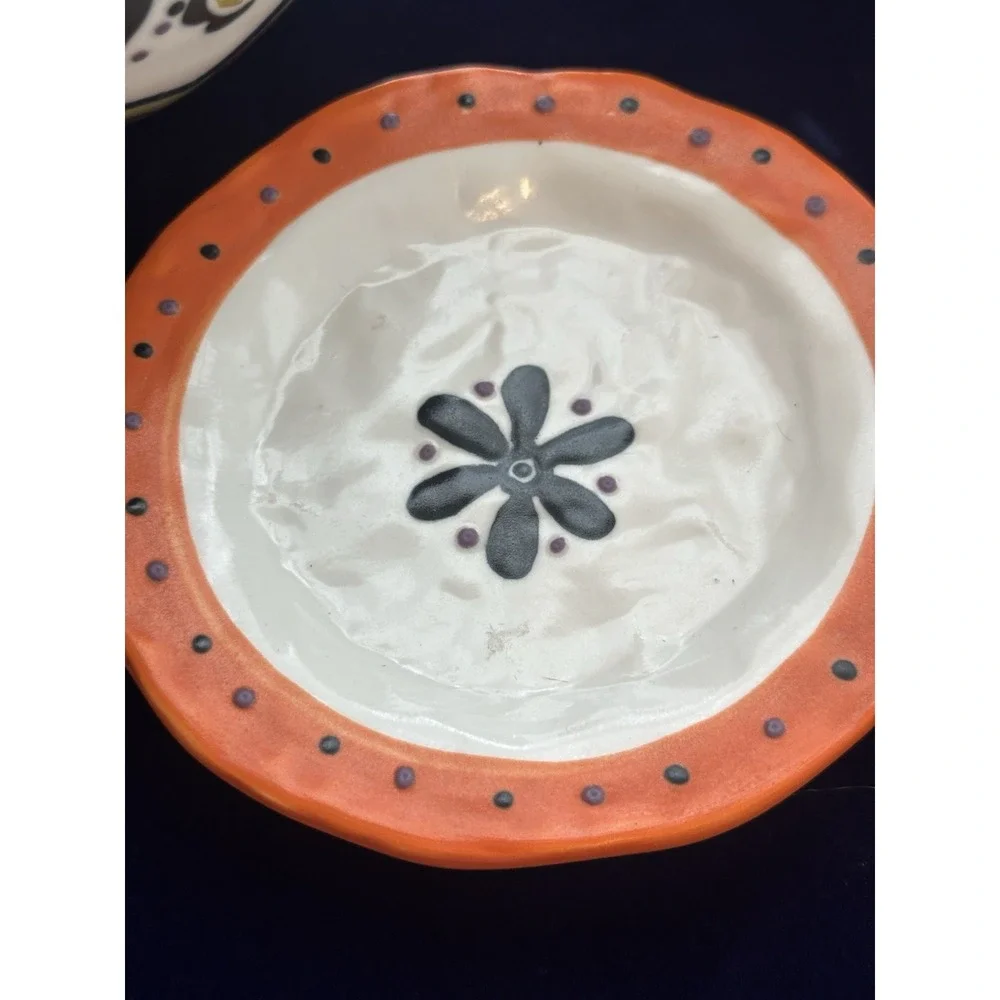 2 Ceramic Round Planters Multicolor Floral Pattern w/ Saucers Drainage Holes